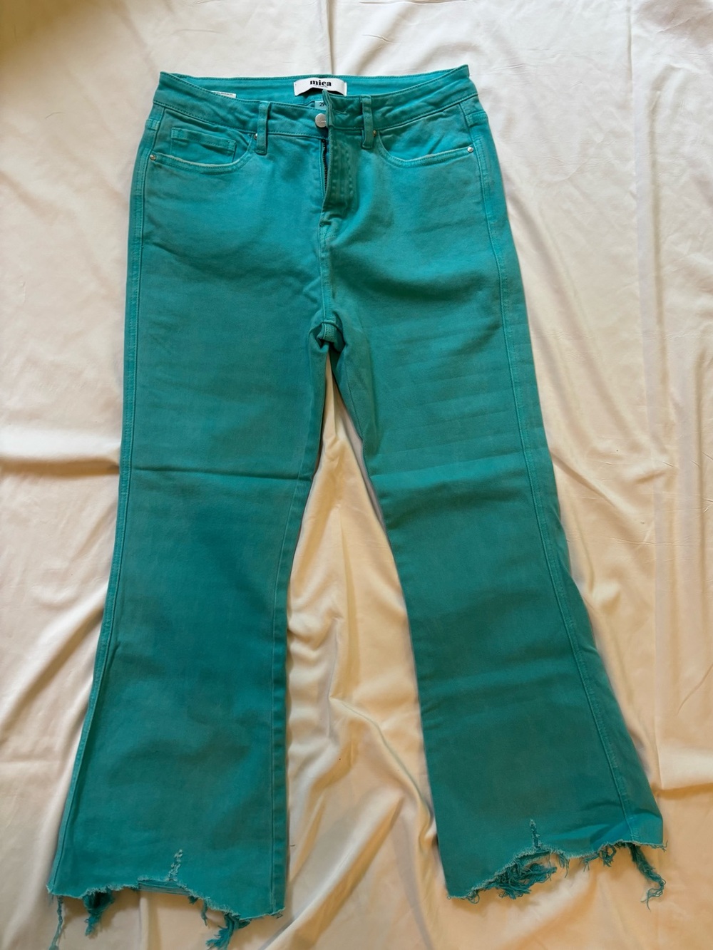 Mica Los Angeles Teal Flare Jeans Distressed Raw Hem Size 29 NWOT